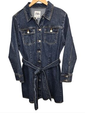 Zara Women's L The Doro Denim Dark Blue Long Sleeve Dress with Tie Belt 2449/042